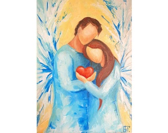 Impasto Angels Painting: Couple in Love, Original Oil Art