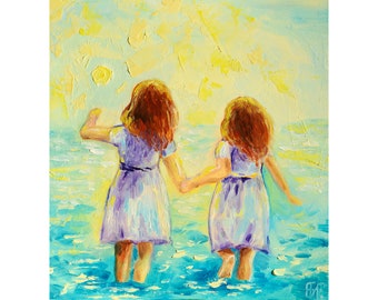 Sisters Painting Two Sisters Painting Two Daughters Two Brunette Girls Broun Hair Two Girls On Sea Original Painting Family Art Beach Girls