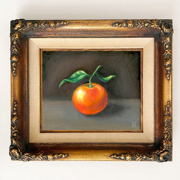 Clementine Painting Print, Small Oil Painting, Still Life Original Golden Frame, Small Still Life Painting Clementine Art Fruit Art