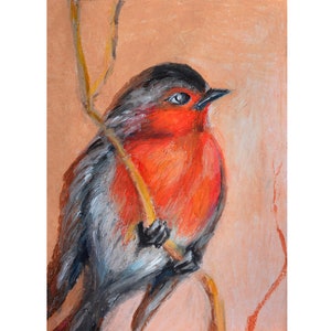 Robin Painting Original Bird Oil Pastel Painting, Cute Little Bird, Mini Art Animalistic Bird Wall Art, Original Artwork Gift Small Painting