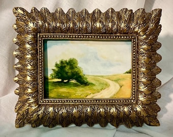 Framed Landscape Art Print: Vintage Farmhouse Scenery in Gold Resin Frame