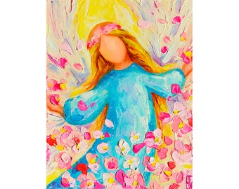 Angel Art Painting, Original Painting, Guardian Angel Painting Flower Painting Angel Bright Art Religious Art, Impasto Angel of Goodwill