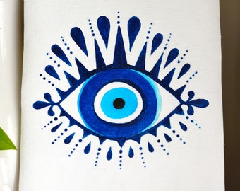 Mauvais œil peinture Blue Eye peinture originale turc Wall Art Protection oeuvre originale huile Art abstrait Blue Eye gardien grec Wall Art