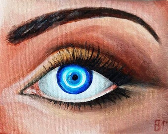 Eye Oil Original Painting: Talisman for Good Luck - Turkish Nazar Boncuk - Guardian Eye Wall Art - Blue Guardian symbol
