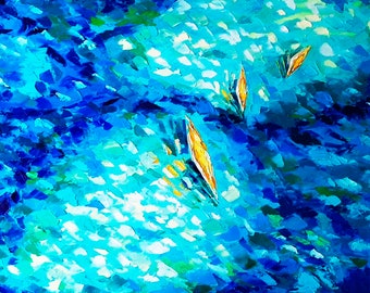 Seascape Original Abstract Ocean Oil Painting - Impasto Artwork - Sea Coast Wall Art - Sailboat Modern Blue - Texture Large Art