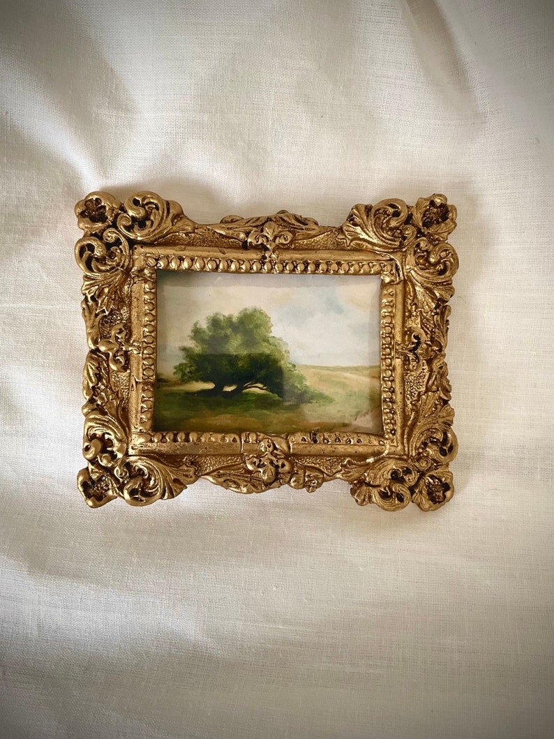 Tiny Landscape Oil Painting in Gold Frame, Framed Landscape Art Print, Countryside Home Decor, Mini Farm Oil Painting, Small Landscape Art image 1