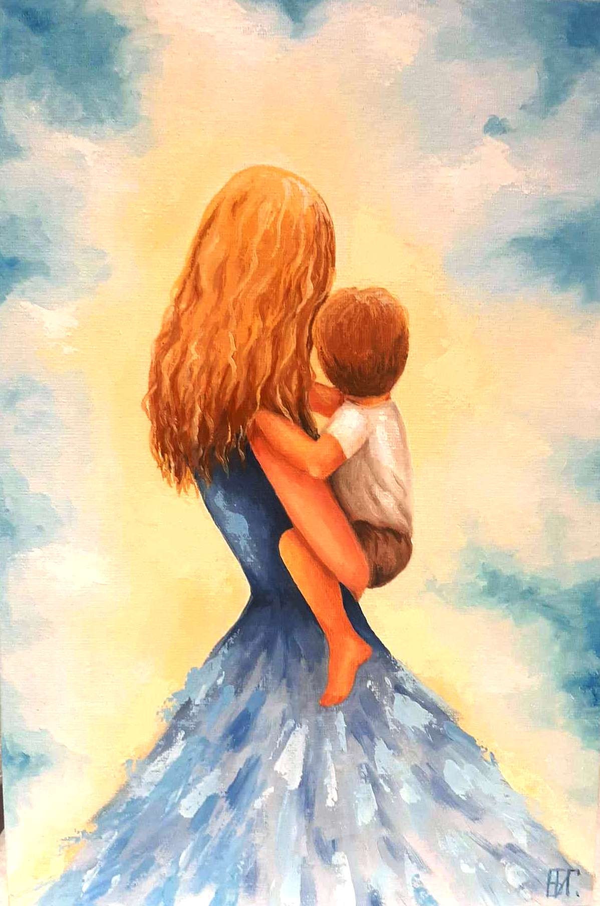 Mother and Son Original Oil Painting, Mom Carrying Son, Mother Son Hugs ...