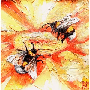 Bumble Bee Painting Couple Bumblebees Original Art Canvas Painting Flower Painting Bees Wall Art Bee Impasto Oil Painting Original Small Art