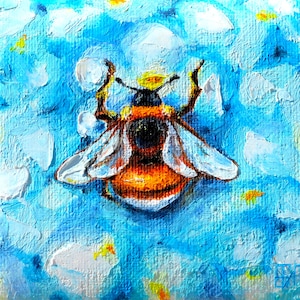 Bee Painting, Bumble Bee Painting Original Oil Artwork Bumble Bee Art Canvas Original Flower Painting Small Wall Art Bee Birthday Gift 4x4