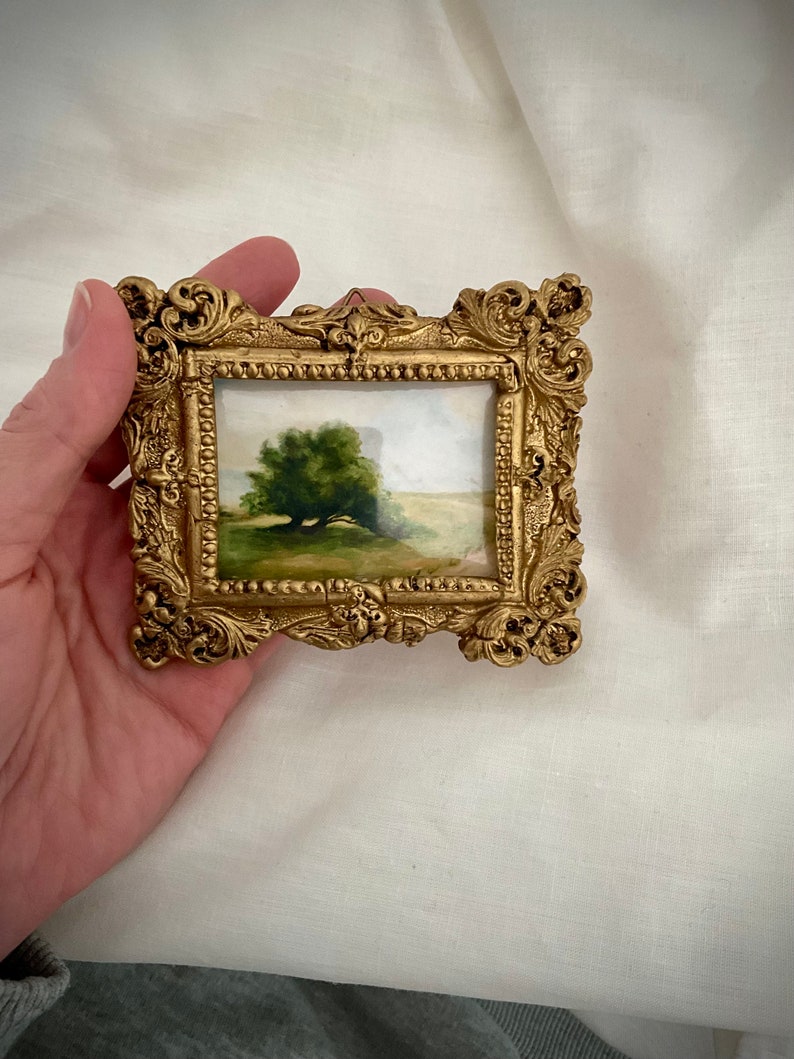 Tiny Landscape Oil Painting in Gold Frame, Framed Landscape Art Print, Countryside Home Decor, Mini Farm Oil Painting, Small Landscape Art image 4