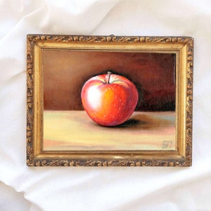 APPLE Painting ART PRINT, Small Oil Painting, Still Life Original Golden Frame, Small Still Life Painting Clementine Art Fruit Art