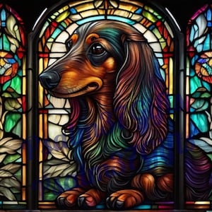 Stained glass Long Haired Dachshund png Sublimation Graphic PDF Jpeg tumbler wrap suncatcher gift hoodie window cling craft project pattern