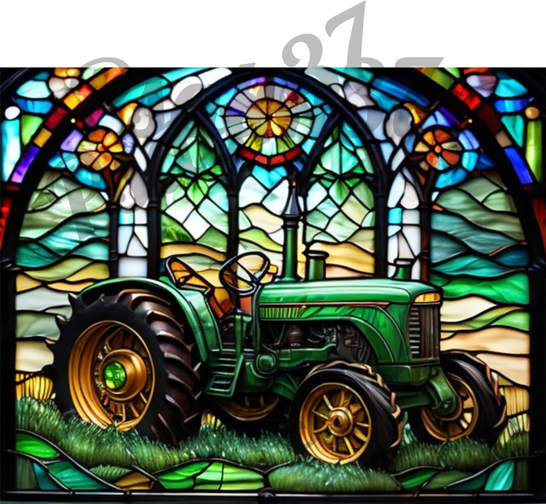 AI 3D Green Tractor Stained Glass Graphic Jpeg Pdf Sublimation Tumbler ...