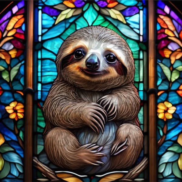 3D Baby Sloth stained glass Jpeg Pdf Graphic Sublimation tumbler wrap wind suncatcher tote shirt High Resolution 600 DPI AI Instant Download