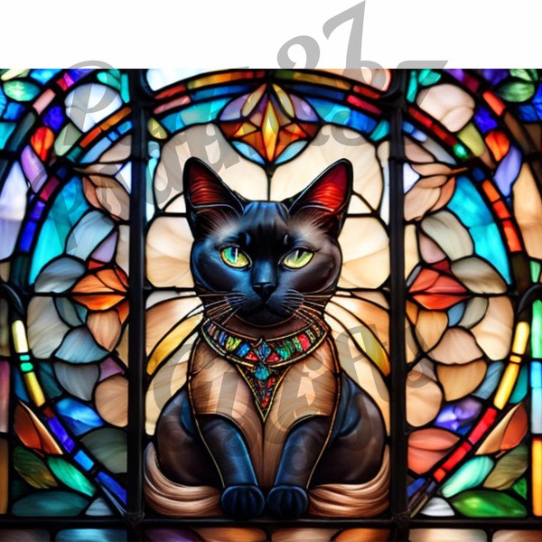 AI 3D Siamese Cat stained glass Graphic Jpeg Pdf Sublimation tumbler wrap wind suncatcher window cling totes bags High Resolution 600 DPI ID