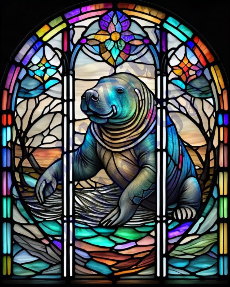 Stained Glass Manatee Graphic PDF Jpeg PNG Sublimation Background ...