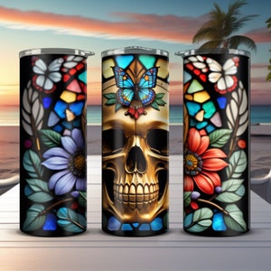 stained glass 3D Sugar Skull png Butterflies flowers Jpeg Halloween Sublimation tumbler wrap wind spinner car coaster High Resolution 600DPI