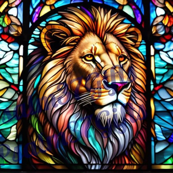 AI stained glass Lion Graphic PDF Jpeg Instant Download Sublimation tumbler wrap wind sun catcher High Resolution Window clings 600 DPI