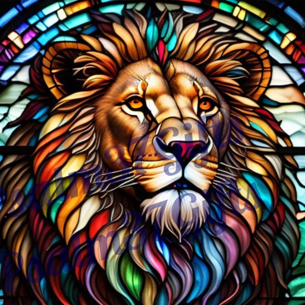 AI stained glass Male Lion Graphic PDF Jpeg Instant Download Sublimation tumbler wrap wind sun catcher High Resolution Window clings 600 DPI