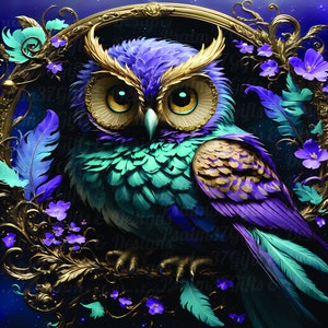 3D Owl png Purple Teal Fantasy Art Surrealism sublimation tumbler wrap shirt tote bag coaster spinner Invitations Memes signage brand 600dpi