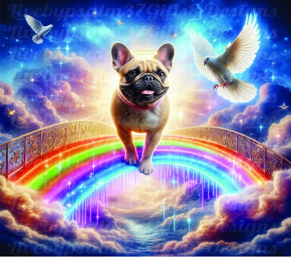 French Bulldog Crossing Rainbow Bridge png Sublimation Memorial pillows  coasters slate shirts flags Ornaments Pet Bereavement png Frenchie