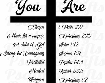 Promises of God You Are strong and courageous chosen loved healed forgiven protected made for purpose child of God  2 SVG files for Cricut