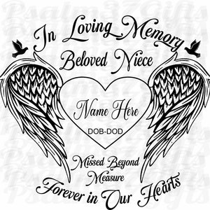 Geliefde nichtje in liefdevolle herinnering aan voor altijd gemist in ons hart Memorial Angel Wings duiven die je personaliseert SVG voor cricut