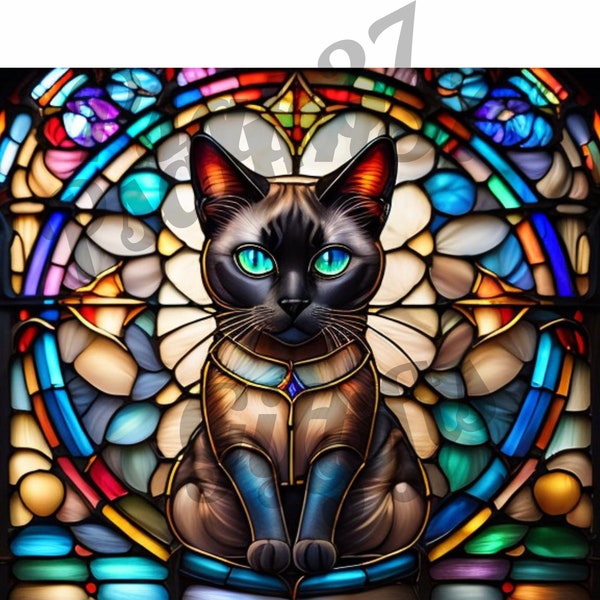 AI 3D Siamese Cat stained glass Graphic Jpeg Pdf Sublimation tumbler wrap wind suncatcher window cling totes bags High Resolution 600 DPI ID