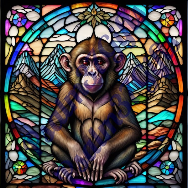 Stained glass Monkey Graphic PDF Jpeg PNG Sublimation Background Digital Instant Download Printable Paper tumbler mug wrap sun catcher