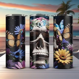 3D Sugar Skull  Butterflies flowers Jpeg Halloween Sublimation tumbler wrap wind spinner car coaster suncatcher High Resolution 600DPI (png)