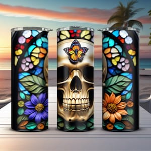 stained glass 3D Sugar Skull png Butterflies flowers Jpeg Halloween Sublimation tumbler wrap wind spinner car coaster High Resolution 600DPI