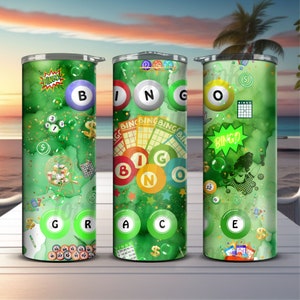 Lucky Green BINGO png Sublimation Tumbler wrap jpg pdf With 6 Bingo Balls That you can spell name in Bingo Bag Jpeg Hi Reso 600dpi Shirts