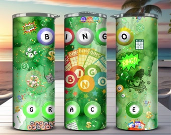 Lucky Green BINGO png Sublimation Tumbler wrap jpg pdf mit 6 Bingokugeln, die Sie Namen in Bingo Tasche buchstabieren können Jpeg Hallo Reso 600dpi Shirts