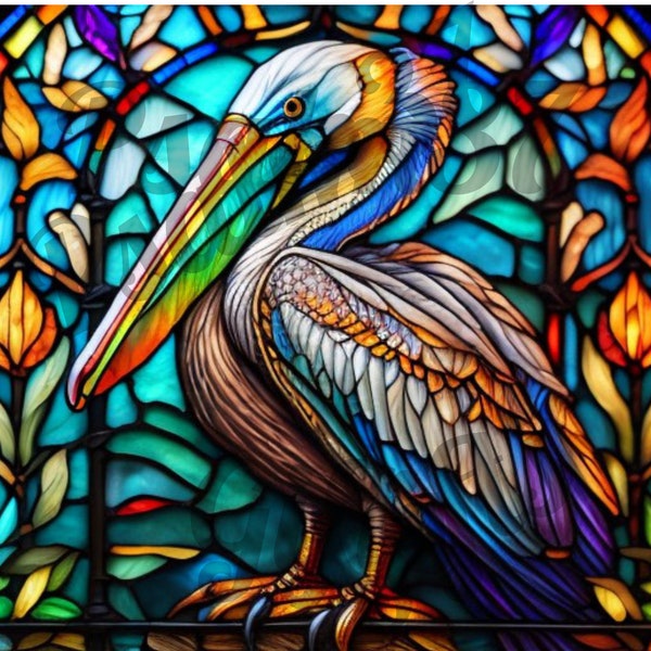 3D Pelican stained glass Jpeg Pdf Graphic Sublimation tumbler wrap wind suncatcher tote bag shirt gifts High Res 600 DPI AI Instant Download