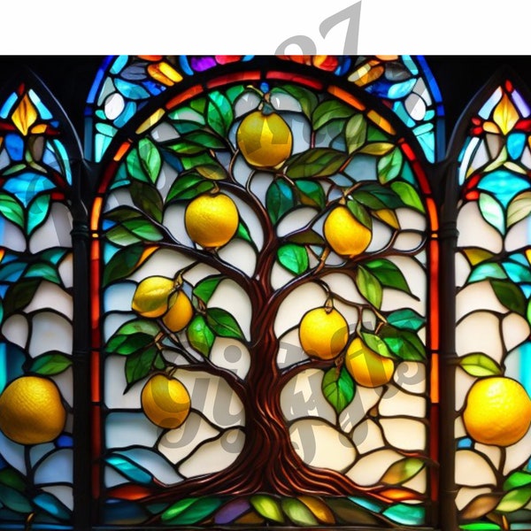 AI 3D Lemon Tree stained glass Graphic Jpeg Pdf Sublimation tumbler wrap wind suncatcher window cling tote bags mug shirt High Res 600 DPI