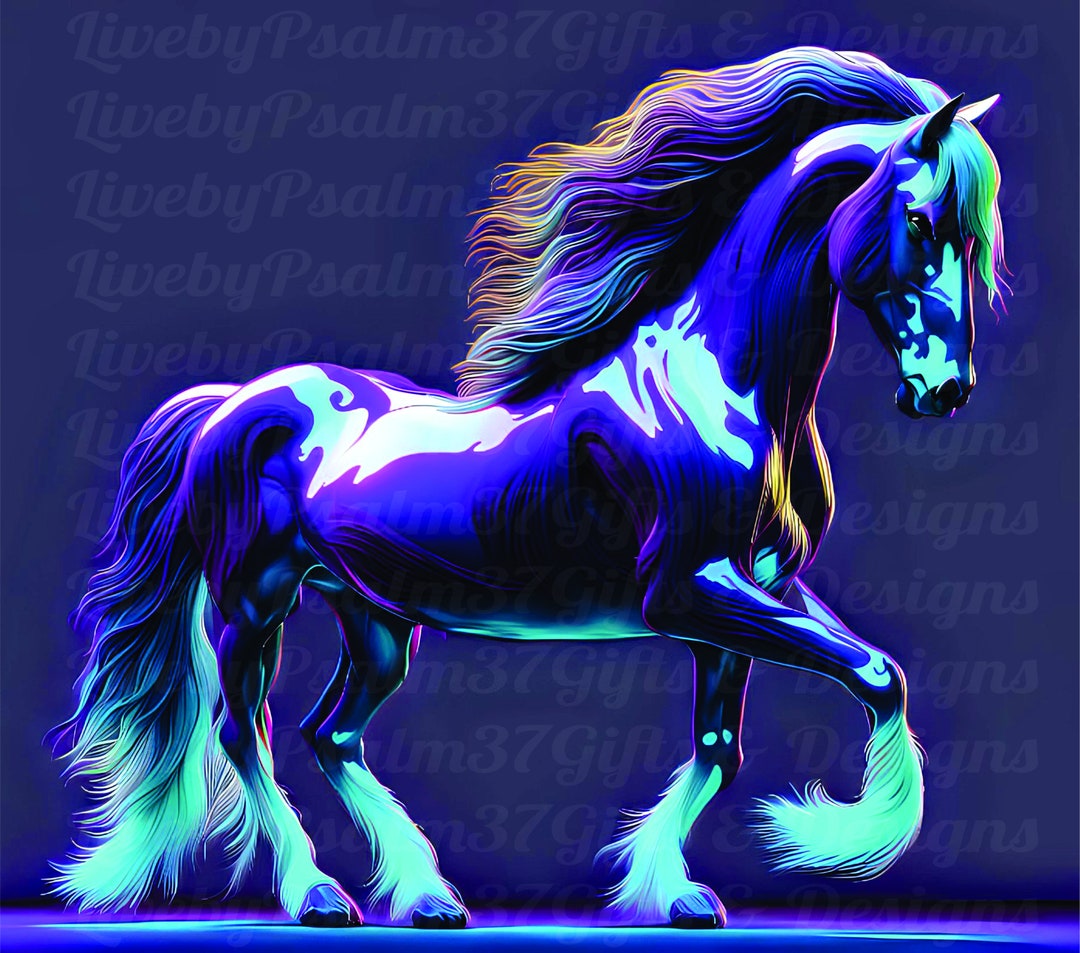 3D Gypsy Vanner Png Stallion Horse Png Teal Purple Long Mane