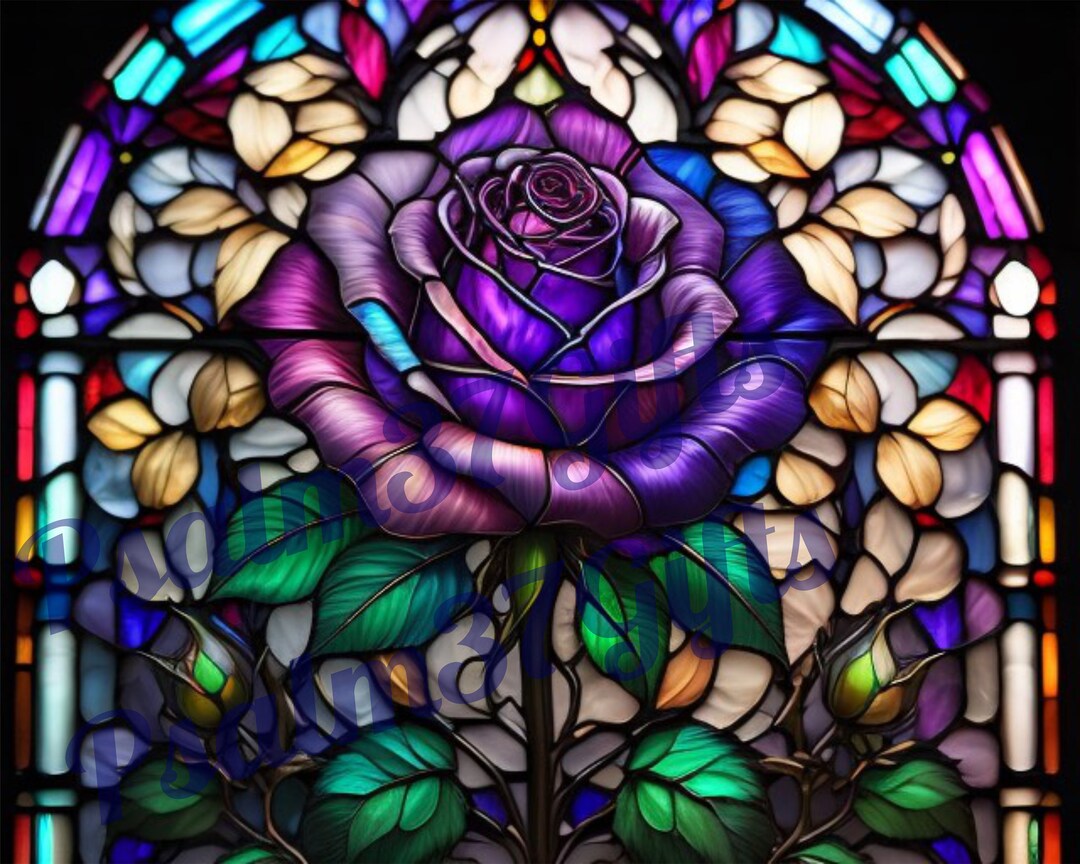 AI Stained Glass Purple Rose Graphic PDF Jpeg PNG Instant Download
