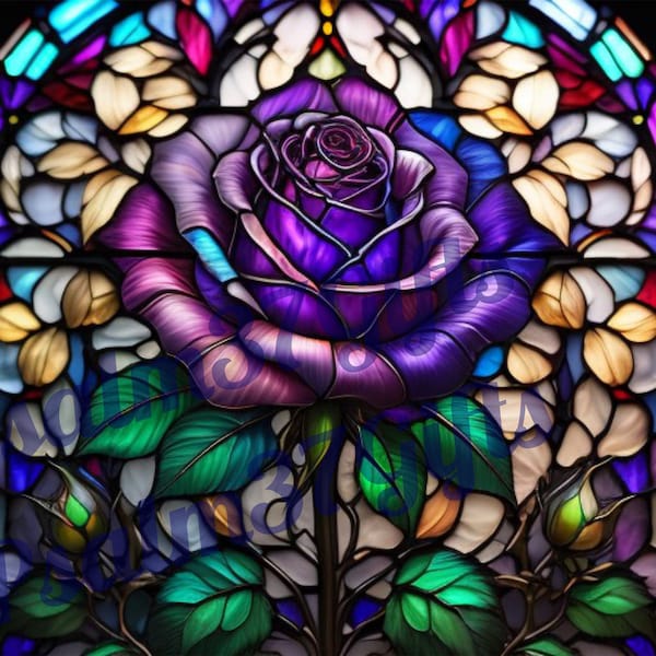 AI stained glass Purple Rose Graphic PDF Jpeg PNG Instant Download Sublimation tumbler wrap wind suncatcher High Resolution Window clings