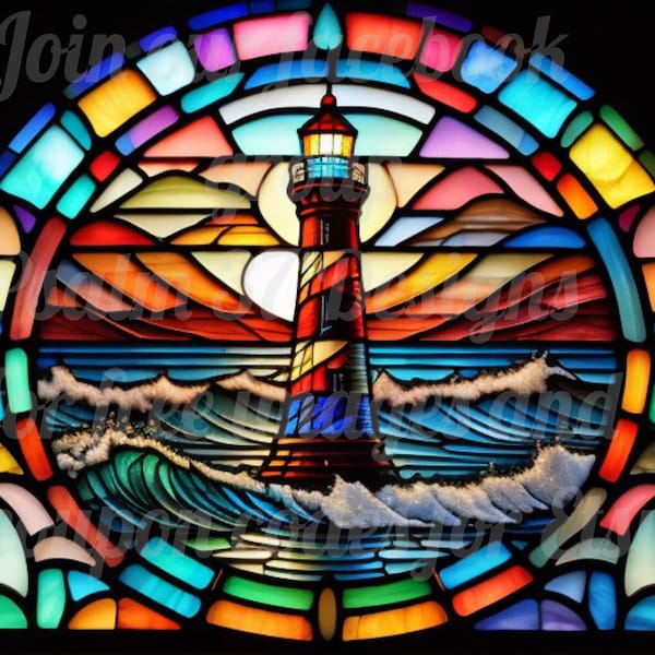 Lighthouse stained glass Png PDF Jpeg Sublimation Tumbler Wrap wind spinner sun catcher coasters canvas window cling high resolution 600 dpi