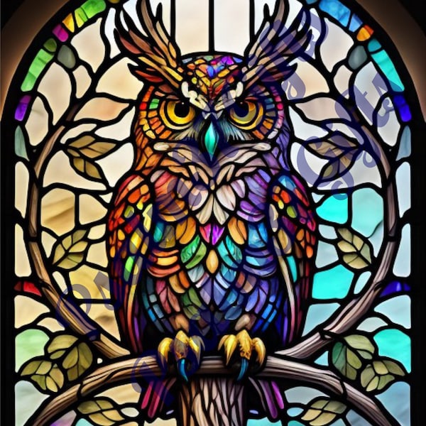 stained glass Horned Owl  Graphic PDF Jpeg PNG Sublimation Background Digital Instant Download Printable Paper tumbler mug wrap sun catcher