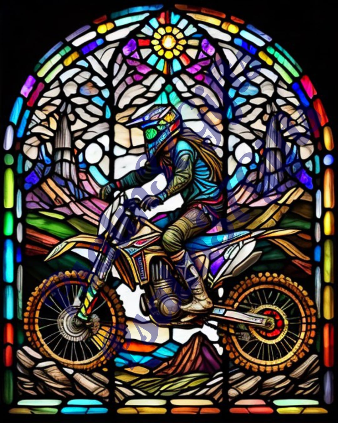 Stained Glass Girl on Dirt Bike Graphic PDF Jpeg PNG Sublimation