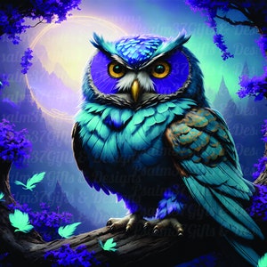 Gufo 3D png Viola Teal Fantasy Art sublimazione tumbler wrap camicie borse tote sottobicchieri girandola inviti Meme segnaletica Filigrana 600 dpi