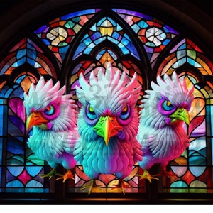 Stained glass Angry Chickens Png PDF Jpeg Sublimation Tumbler wrap High Resolution 600dpi mugs shirts pillows suncatcher slates window cling