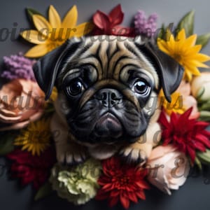 3D Pug and 3D flowers PNG Jpeg Pdf Sublimation wrap tumbler shirt mugs tote pillow High Quality 600dpi coasters wind spinner sun catcher