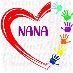 Nana SVG nipoti 6 impronte di mani in vernice cuore Cricut taglio svg facile erba t shirt artigianato segni nipoti nipoti regalo festa della mamma