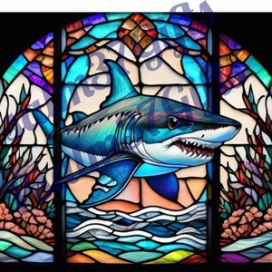 Stained glass Great White Shark Graphic PDF Jpeg PNG Sublimation Digital Instant Download Printable tumbler wrap wind sun catcher shirt gift