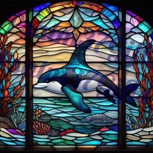 stained glass Orca Killer Whale Sublimation Graphic PDF Jpeg PNG Instant Download Printable Paper tumbler wrap wind suncatcher gift Digital