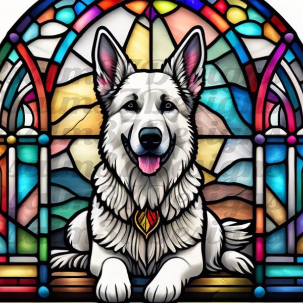 3D White German Shepherd stained glass Jpeg Pdf Graphic Sublimation tumbler wrap wind suncatcher tote shirt High Resolution 600 DPI AI ID