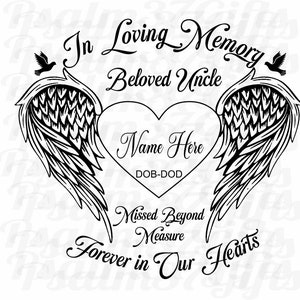 Geliefde oom In liefdevolle herinnering aan voor altijd gemist in ons hart Memorial Angel Wings Duiven die je personaliseert SVG voor cricut