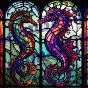 Sea Horse Stained glass Graphic Sublimation PDF Jpeg PNG Instant Download Printable tumbler wrap wind suncatcher High Quality Background AI